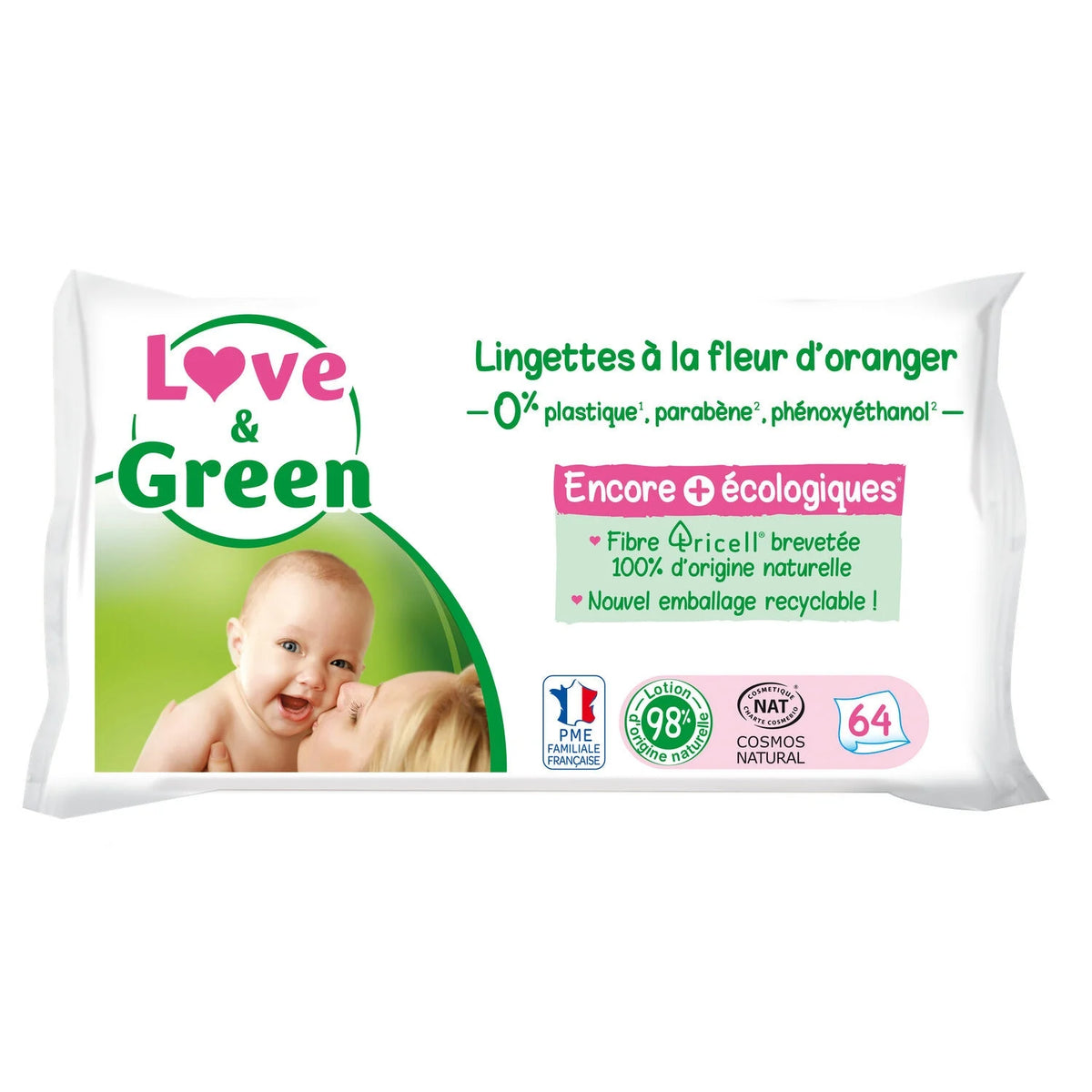 Love & Green Lingettes Parfumées en Fibres 100% Naturelles et Biodégradables X 64