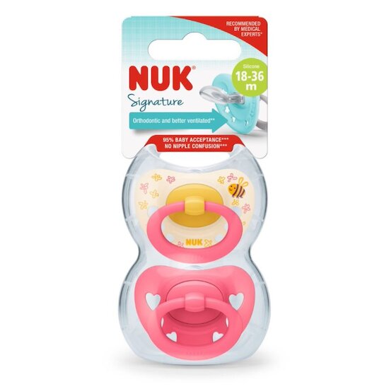NUK Signature Lot de 2 tétines en silicone en forme de cœur sans BPA pour bébé de 0 à 6 mois - Apaise 95% des bébés