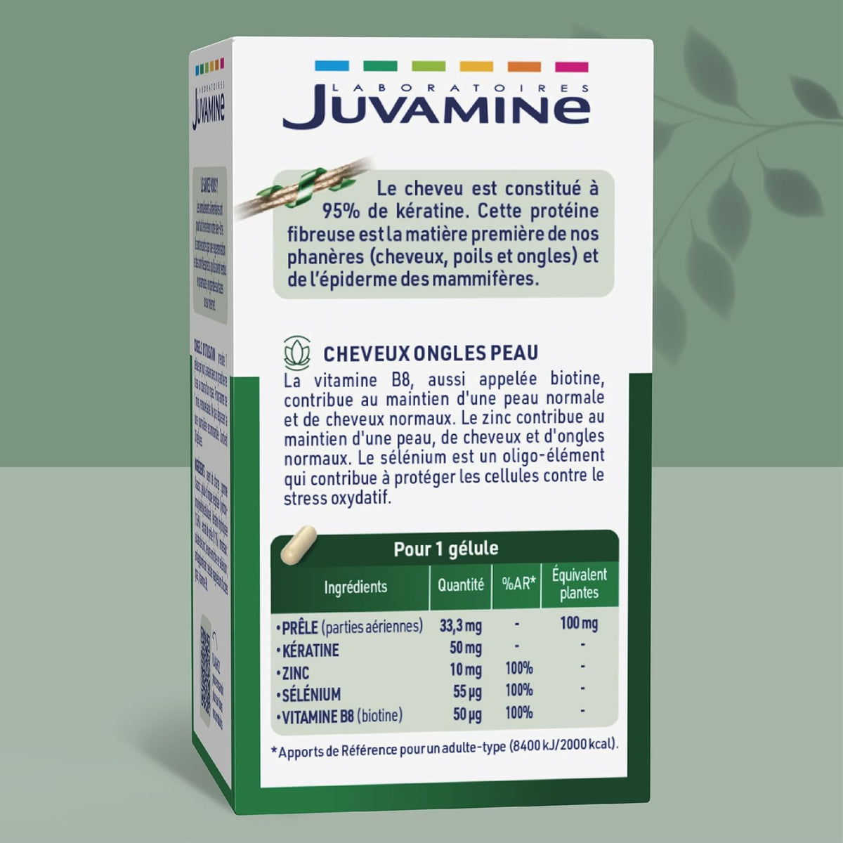 JUVAMINE - Kératine et Sélénium - Vitamine B8, Zinc et Prêle - Cheveux, Peau & Ongles - 30 Gélules d'origine végétale - Programme de 1 Mois - Fabriqué en France