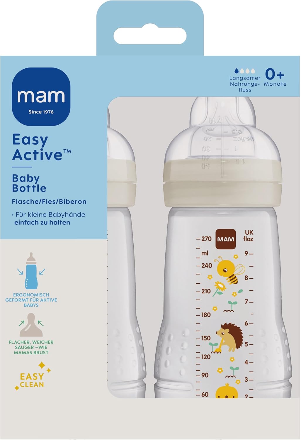 MAM Easy Active, lot de 2 biberons, 270 ml, avec tétine MAM taille 1, en silicone SkinSoft, biberons avec forme ergonomique, pour bébé de 0 mois et plus, abeille/hérisson
