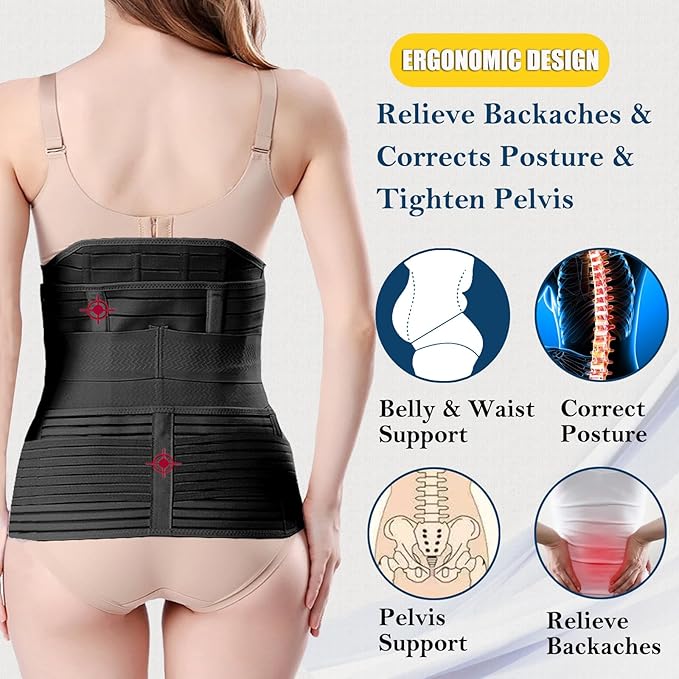 Chongerfei Ceinture ventrale 3 en 1 post-partum, Ceinture ventre/taille/bassin de récupération, noir, taille unique