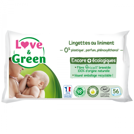Love & Green Lingettes au Liniment en Fibres 100% Naturelles et Biodégradables 56 unités