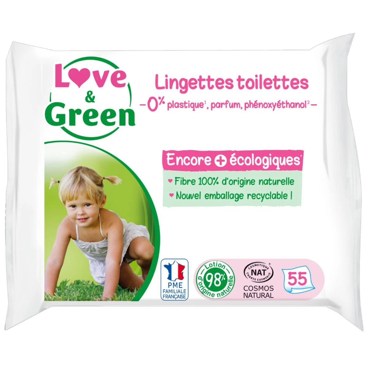 Love & Green Lingettes Toilettes en Fibres 100% Naturelles et Biodégradables X 55