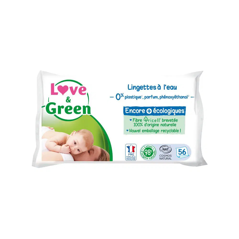 Love & Green Lingettes à L'eau en Fibres 100% Naturelles et Biodégradables X 56