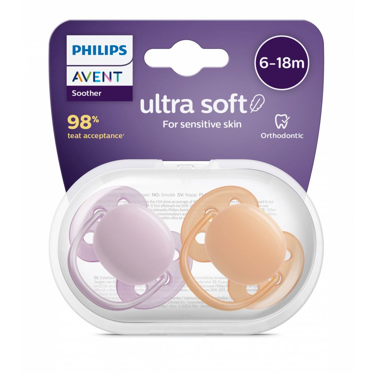 Philips Avent Lot de 2 sucettes Ultra douces 6/18 mois Coloris neutres SCF091/34
