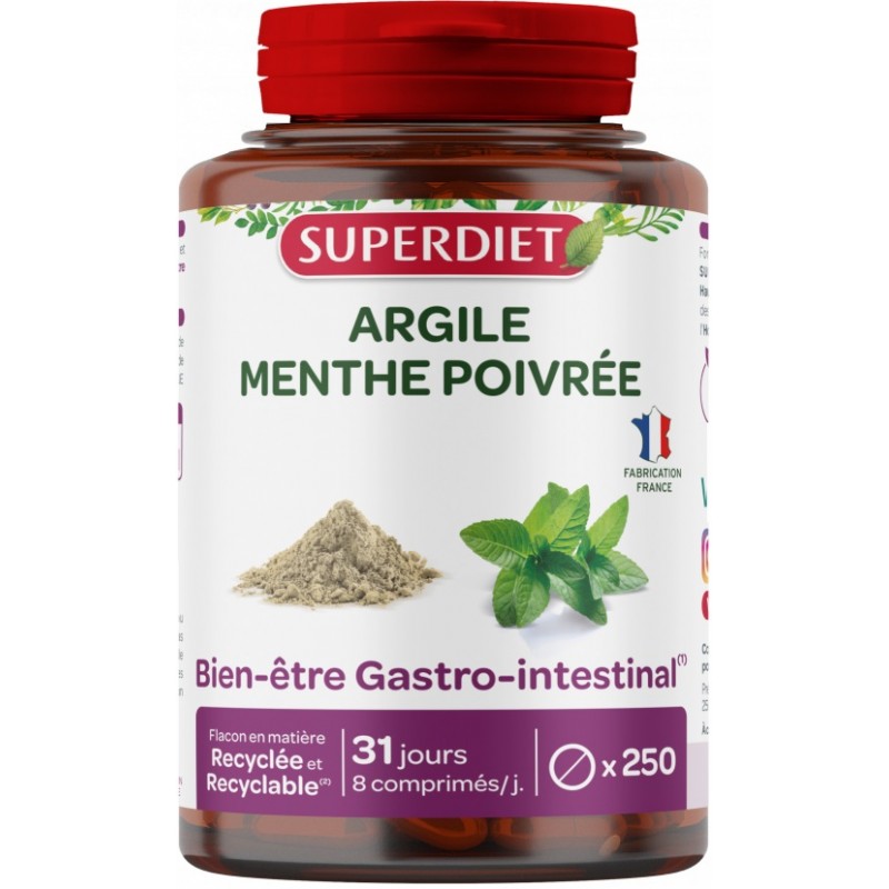 Superdiet Argile Verte Montmorillonite - Menthe Poivrée - 250 Comprimés