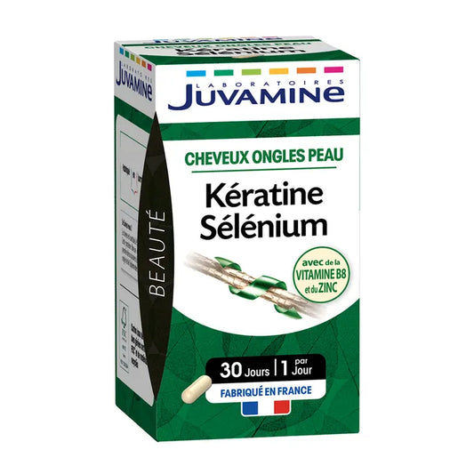 JUVAMINE - Kératine et Sélénium - Vitamine B8, Zinc et Prêle - Cheveux, Peau & Ongles - 30 Gélules d'origine végétale - Programme de 1 Mois - Fabriqué en France
