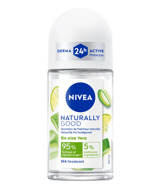 NIVEA NATURALLY GOOD Déodorant Femme Aloe Vera Bio Bille 50 ml, déodorant avec 95% d’ingrédients d’origine naturelle, roll-on fraîcheur 24h