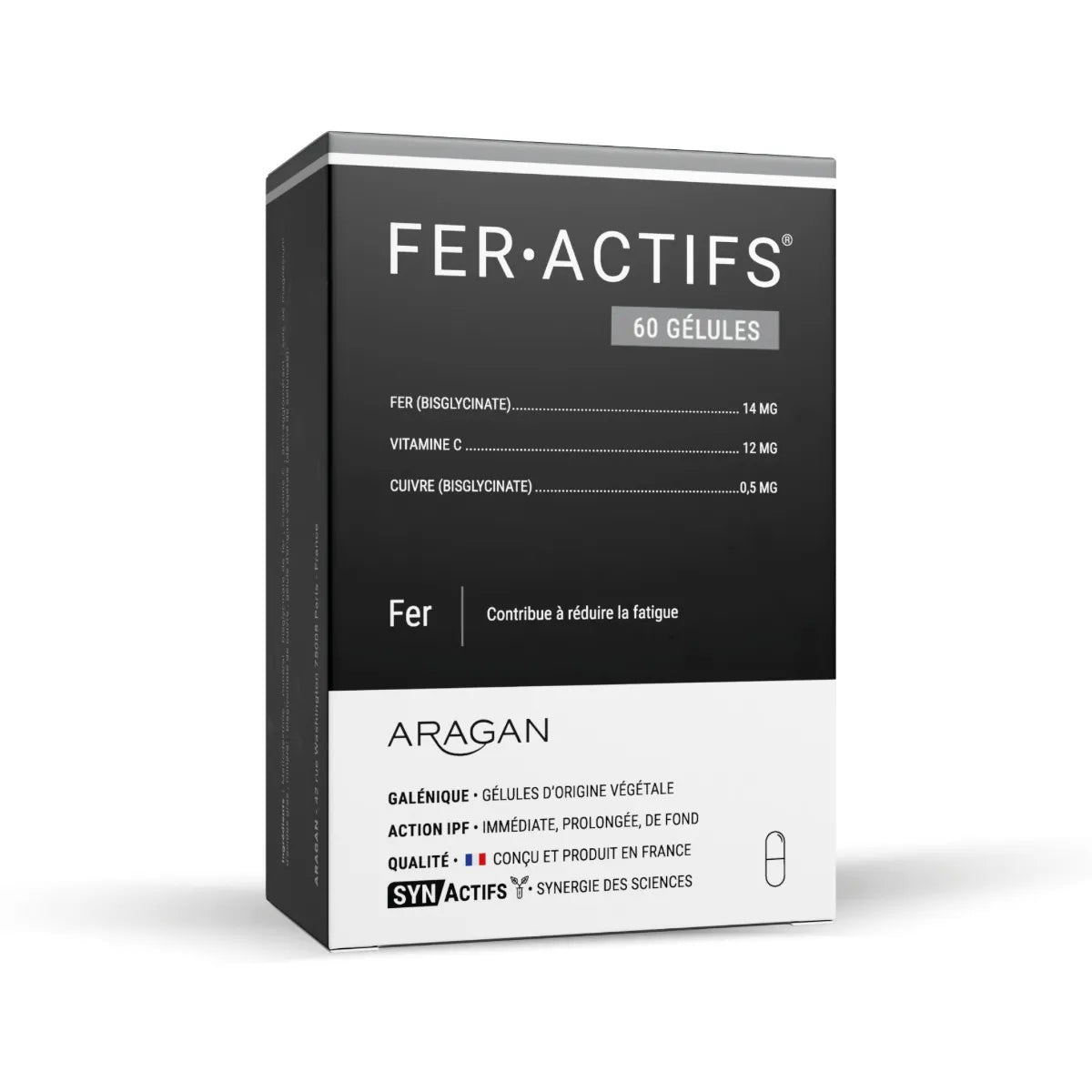 Aragan Synactifs Feractifs® - Anti-Fatigue Tonus et Vitalité - Fer Bisglycinate Cuivre et Vitamine C - 60 Gélules