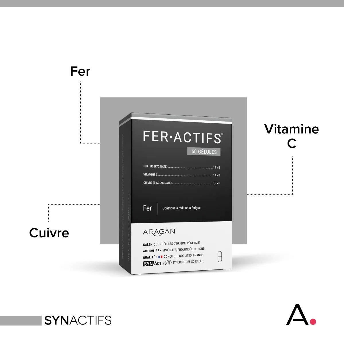 Aragan Synactifs Feractifs® - Anti-Fatigue Tonus et Vitalité - Fer Bisglycinate Cuivre et Vitamine C - 60 Gélules