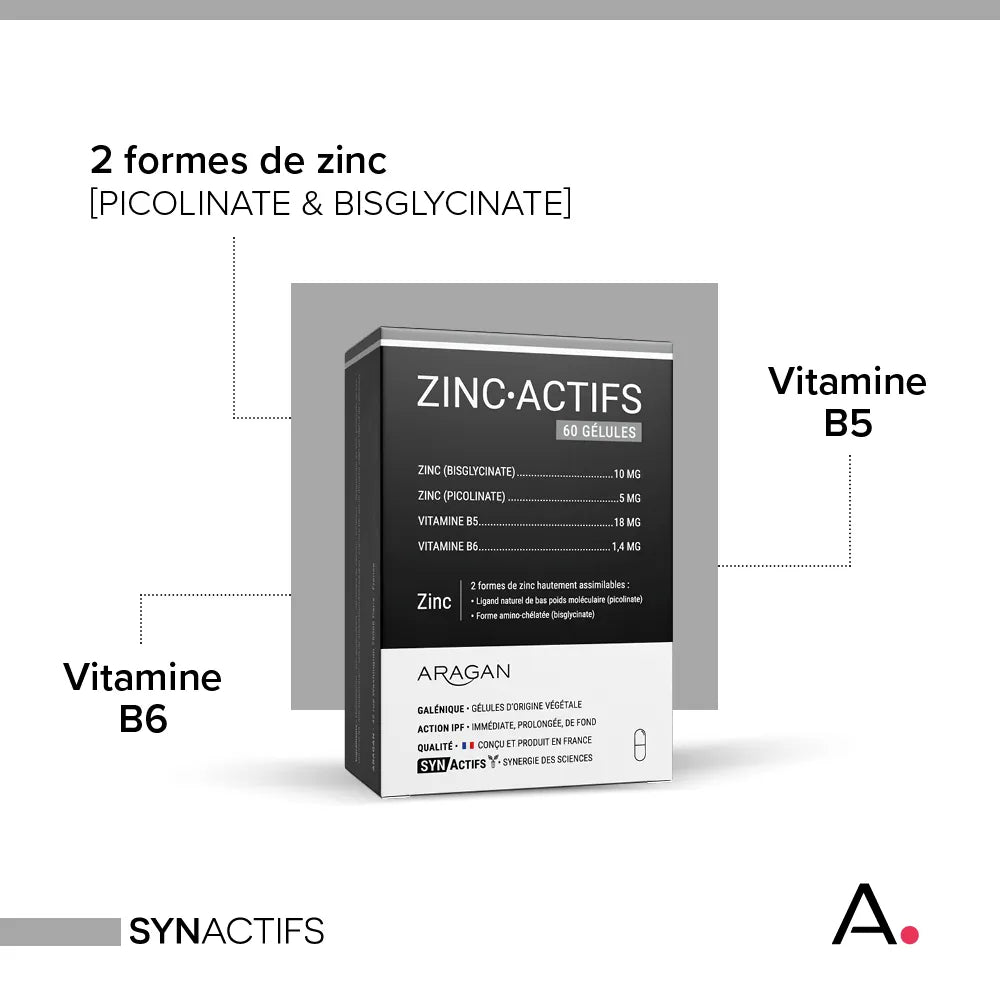 Aragan Synactifs ZincActifs® - Immunité & Peau - Zinc Vitamines B5 et B6 - 60 Gélules