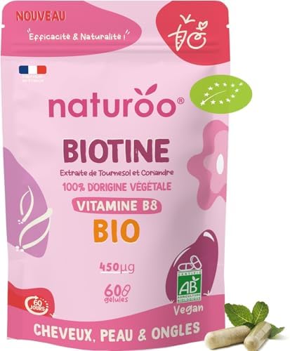 Biotine Vitamine B8 BIO - Végétale & biologique - 60 Gélules Vegan (2 mois) - Cheveux, Peau, Ongles, Système Nerveux - Haute Assimilation - Fabriqué en France