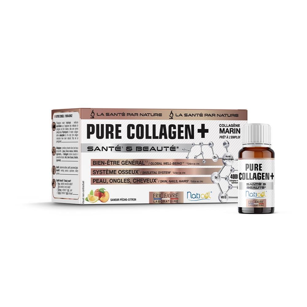 PURE COLLAGENE MARIN + ACIDE HYALURONIQUE - Enrichi en Zinc, Vitamine E, Sélénium - Complément Alimentaire Peau, Cheveux et Ongles - Saveur Pêche Citron - Laboratoire Français Eric Favre