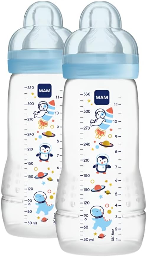 Mam Easy Active - Lot de 2 biberons avec tétine de taille 3 (débit rapide), pour bébé de 4 mois et plus, 330 ml, bleu clair