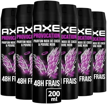 AXE Déodorant Homme Spray Provocation, 48h non-stop frais, Parfum noix de coco et poivre noir (Lot de 6x200ml)