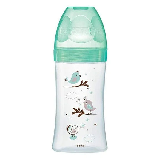 Dodie Biberon Anti-Colique Initiation+ Verre - 270 ml - Vert Oiseaux - Tétine Ronde 3 Vitesses Débit 2