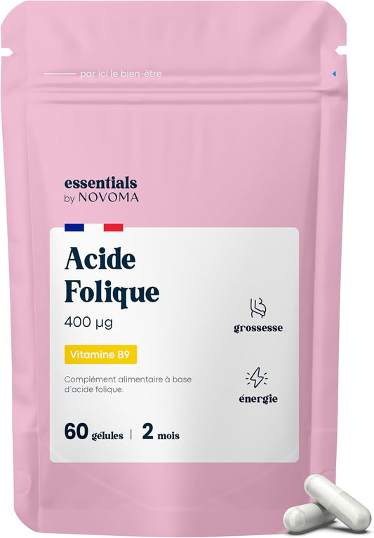 Novoma Acide Folique 400 µg, Vitamine B9, Conception et Grossesse, Soutient la Femme Enceinte, 60 gélules Végétales, Cure de 2 mois, Fabriqué en France
