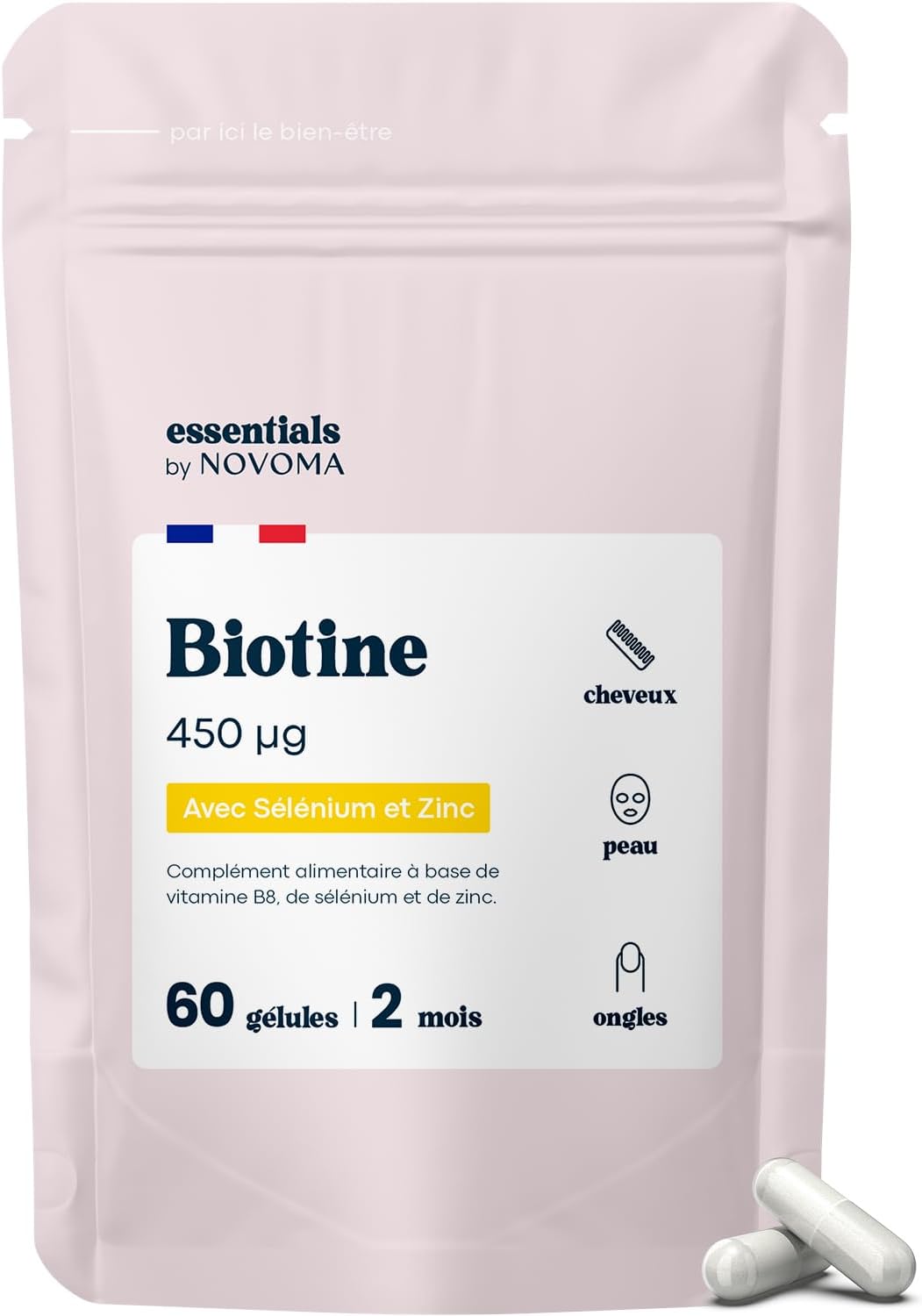 Novoma Biotine avec Sélénium et Zinc, Accélère la Pousse des Cheveux, Cure de 2 mois, 60 Gélules Végétales, Complément Alimentaire de Vitamine B8, Fabriqué en France,