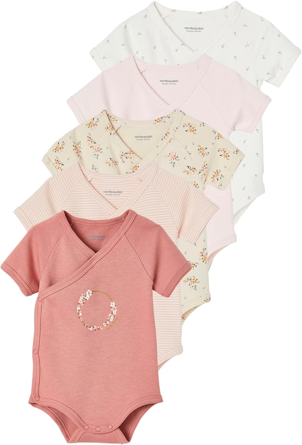 VERTBAUDET Lot de 5 bodies manches courtes bébé ouverture naissancerose pâle 9M(71CM)
