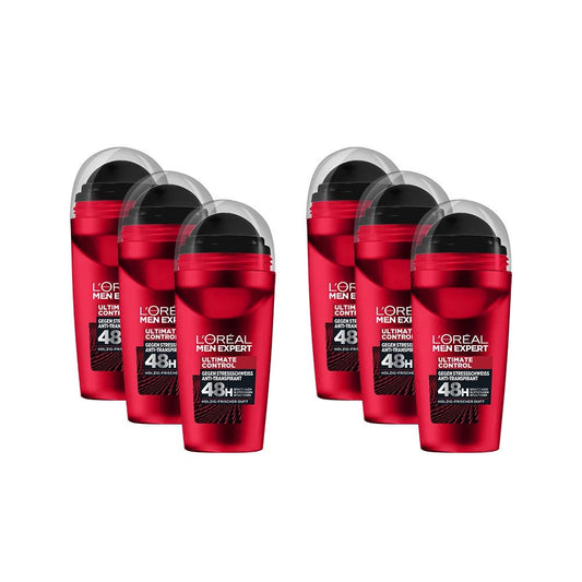 L'Oréal Men Expert 48H Ultimate Control Lot de 6 déodorants roll-on pour homme, contre la transpiration, la transpiration et l'humidité des aisselles, parfum boisé frais, sans alcool, 6 x 50 ml