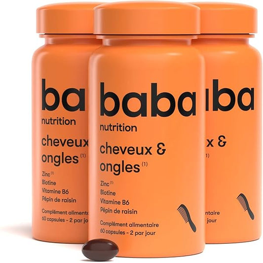 Baba nutrition, Cheveux Et Ongles Compléments Alimentaires|Soins Des Cheveux|Zinc,Biotine,Vitamine B6,Huile De Pépins De RaisinlAntichutelLot De3Boîtes