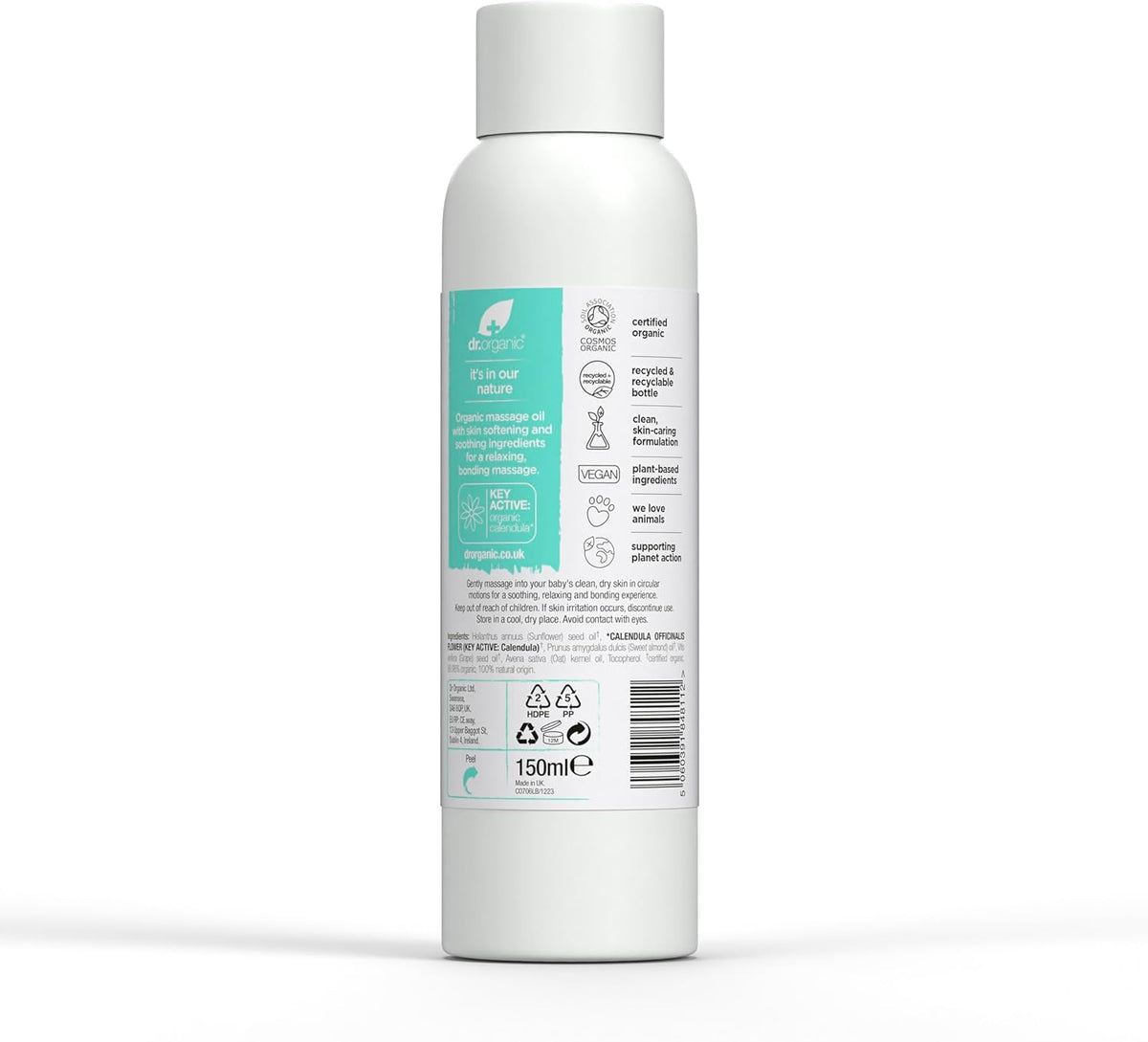 Dr Organic Huile de Massage pour Bébé au Calendula, Peau Sensible, Massage Apaisant & Affectif, Testé Dermatologiquement, Naturel, Végan, Sans Cruauté, Sans Paraben & SLS, Bio Certifié, 150ml