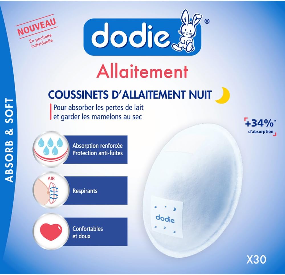 dodie Coussinets d'allaitement Nuit en Pochette Individuelle, Blanc, 30 Pièces, 162 g