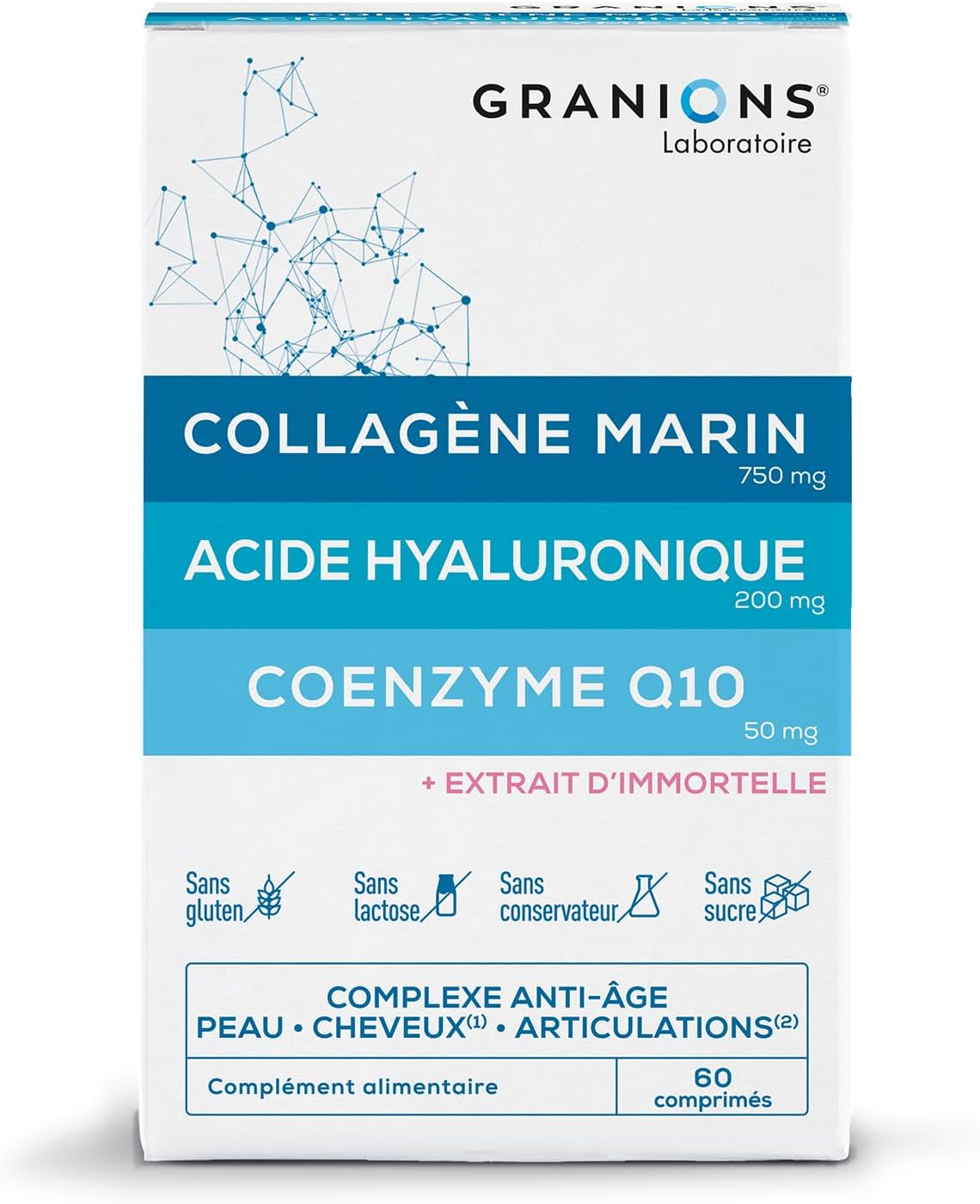 GRANIONS - Collagene Marin - Collagene et Acide Hyaluronique + Coenzyme Q10 - Collagene pour Cheveux, Peau, Articulation, Ongles - Collagene Marin + Selenium + Acide Hyaluronique - 60 Comprimés