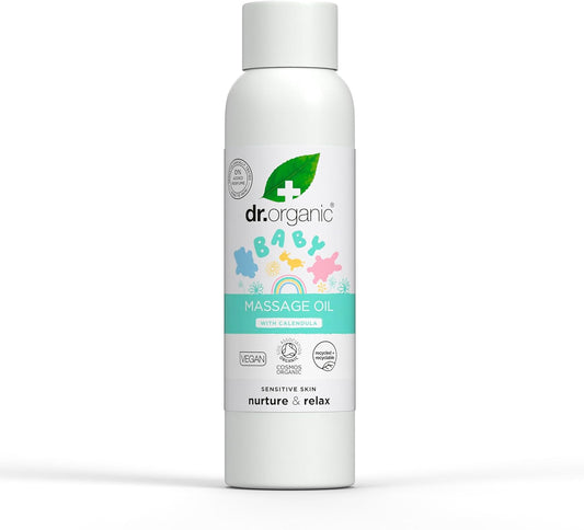 Dr Organic Huile de Massage pour Bébé au Calendula, Peau Sensible, Massage Apaisant & Affectif, Testé Dermatologiquement, Naturel, Végan, Sans Cruauté, Sans Paraben & SLS, Bio Certifié, 150ml