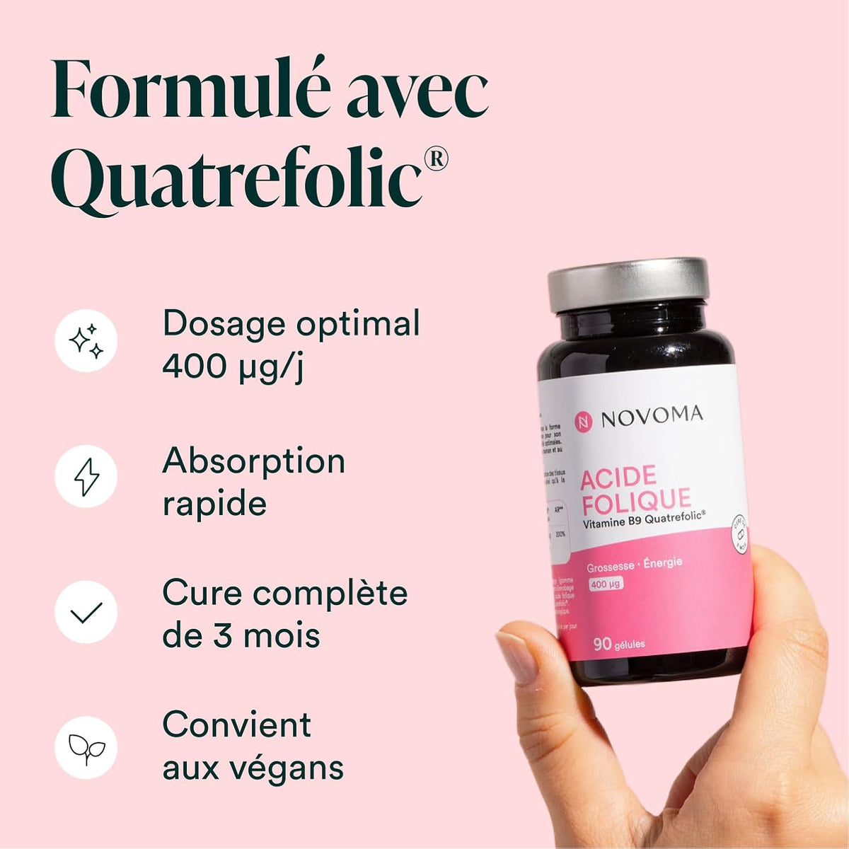 NOVOMA Acide Folique 400 µg, Vitamine B9 Quatrefolic®, Conception & Début de Grossesse, Complément Alimentaire Femme Enceinte, Cure de 3 mois, 90 Gélules, Fabriqué en France