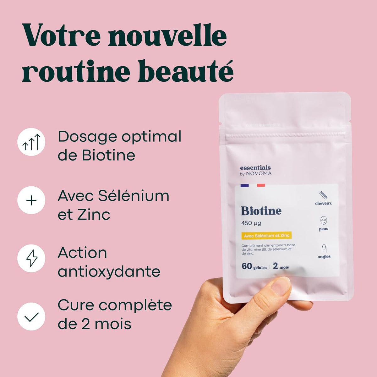 Novoma Biotine avec Sélénium et Zinc, Accélère la Pousse des Cheveux, Cure de 2 mois, 60 Gélules Végétales, Complément Alimentaire de Vitamine B8, Fabriqué en France,