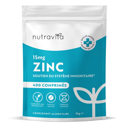 Zinc 15mg - 400 comprimés végétaliens - 1 an+ d'approvisionnement - Zinc 15mg - Supplément de zinc pour maintenir le système immunitaire, les os, les cheveux, la peau et les ongles normaux