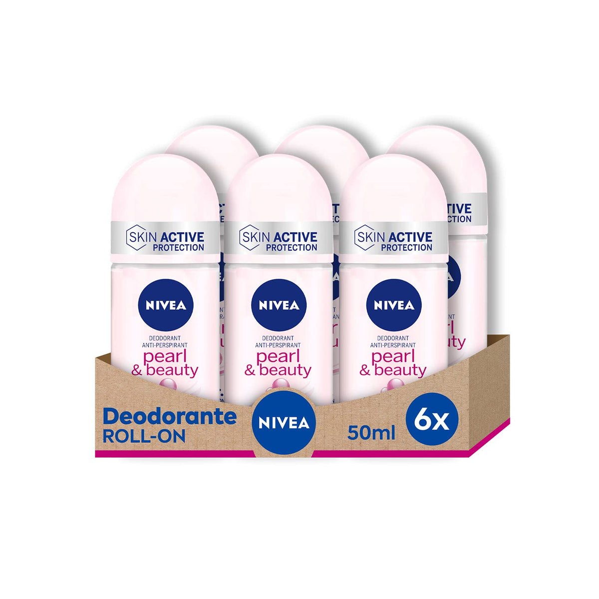 NIVEA Pearl & Beauty Déodorant Roll-On en lot de 6 x 50 ml, Déodorant anti-transpirant avec Extraits de Perle, Déo Roll qui régule la transpiration pendant 48 h