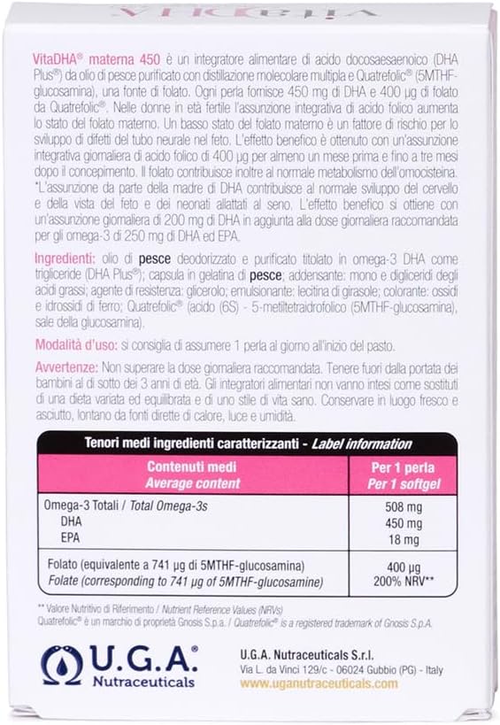 U.G.A. Nutraceuticals Srl Complément Alimentaire Vita DHA Materna 450 mg, 30 Gélules