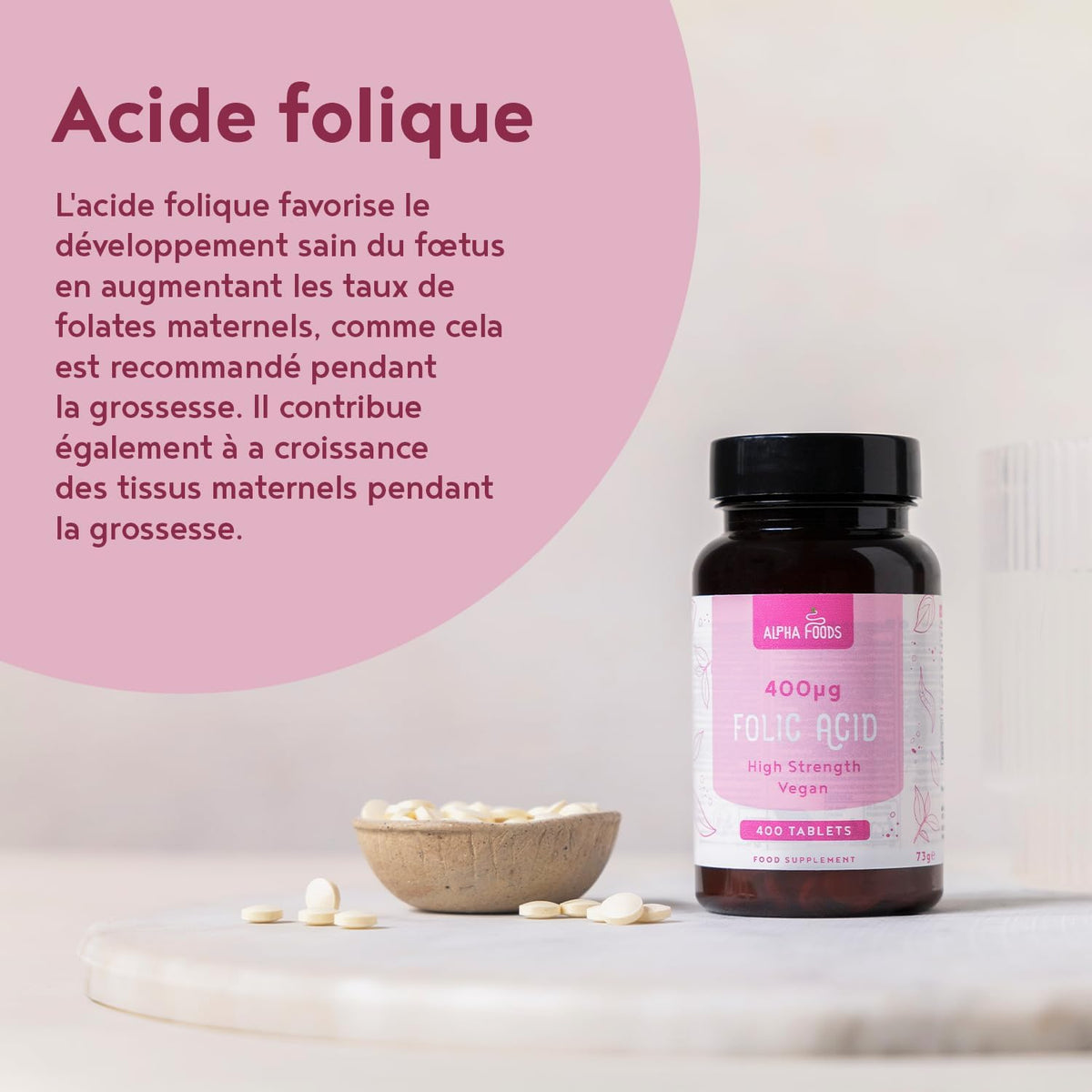 Alpha Foods, Acide folique 400 mcg | 400 comprimés de vitamine B9 végétalienne | Soins de grossesse | Réduit la Fatigue | Complément pour femme enceinte, soutient la croissance des tissus maternels |