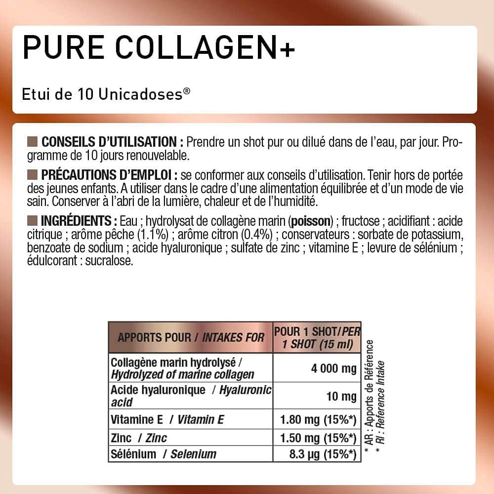PURE COLLAGENE MARIN + ACIDE HYALURONIQUE - Enrichi en Zinc, Vitamine E, Sélénium - Complément Alimentaire Peau, Cheveux et Ongles - Saveur Pêche Citron - Laboratoire Français Eric Favre