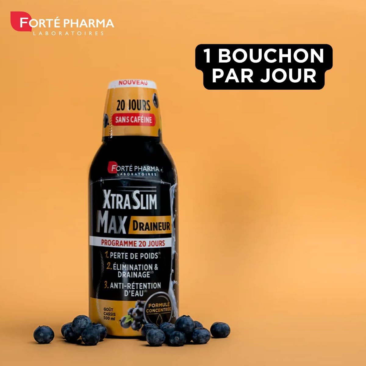 Forté Pharma - XtraSlim Max Draineur | Complément Alimentaire Brûleur de Graisses à boire, Elimination, Minceur, Rétention d'eau | Frêne, Pissenlit, Papaye, Sureau | Flacon 500 ml = 20 jours