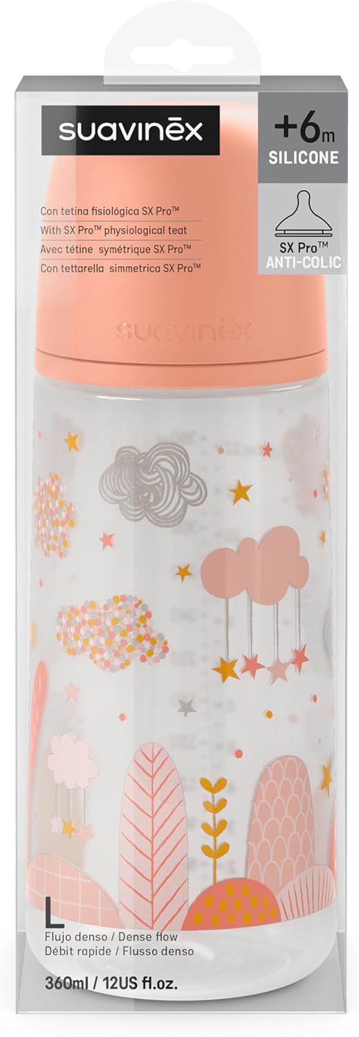 Suavinex, Biberon 360 ml. Biberon avec Tétine Symétrique SX Pro en Silicone à Débit Rapide (L). Avec Valve Anti-Colique. Silicone Fin Ultra-Doux. Pour Bébés, +6 Mois. Dreams Rose