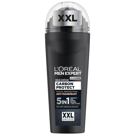 L'Oréal Men Expert Déodorant Roll-on Carbon Protect XXL 5 en 1 pour homme, déodorant anti-transpirant 48H sans alcool, contre les odeurs, l'humidité et les résidus blancs, 1 x 100 ml