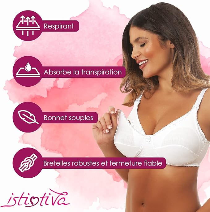Instintiva Mamma - Soutien-Gorge Allaitement Blanc sans Armature en Coton avec Clips pour découvrir Le Sein d’Une Seule Main - Bonnets Souples Non rembourrés