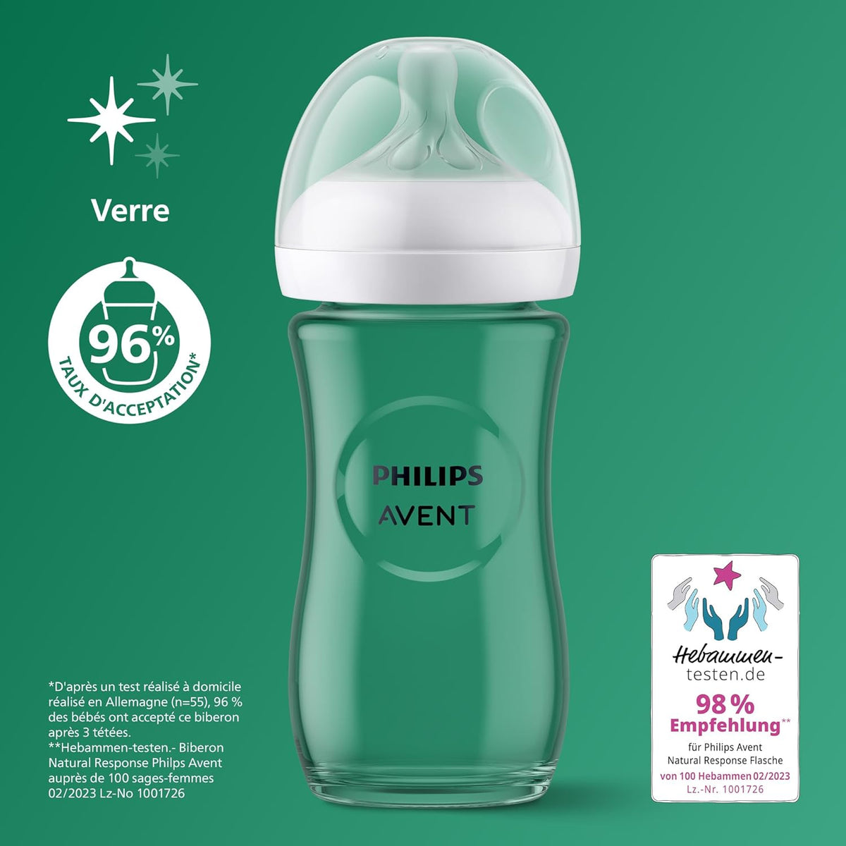 Philips Avent Lot de 2 biberons en verre à Réponse Naturelle – biberon de 240 ml, sans BPA pour les bébés de 1 mois et + (modèle SCY933/02)