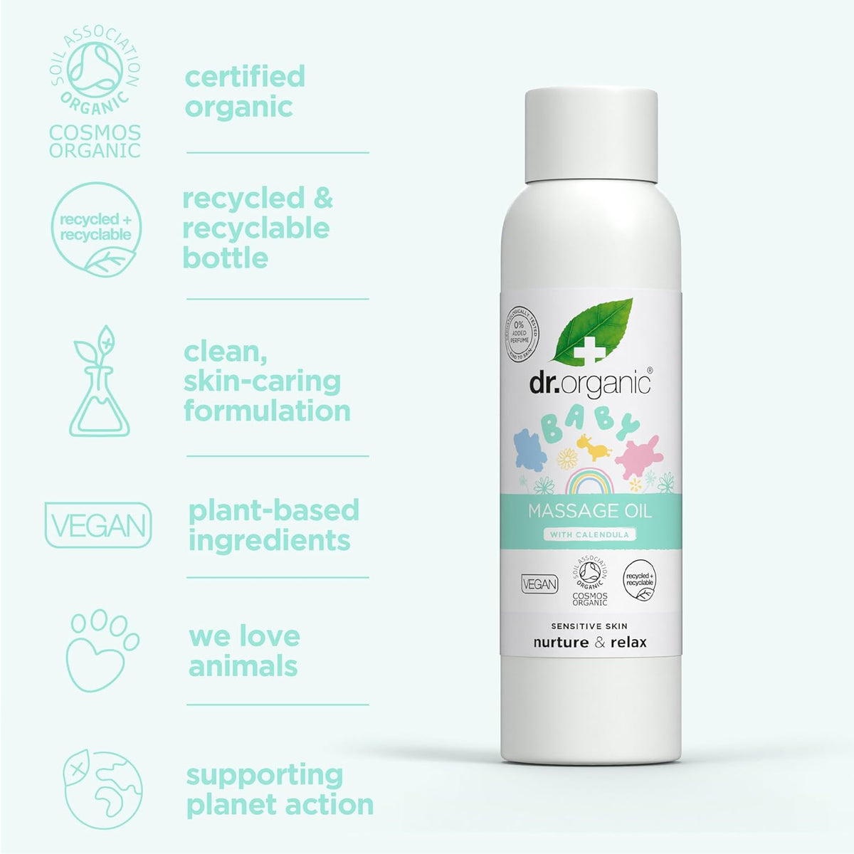 Dr Organic Huile de Massage pour Bébé au Calendula, Peau Sensible, Massage Apaisant & Affectif, Testé Dermatologiquement, Naturel, Végan, Sans Cruauté, Sans Paraben & SLS, Bio Certifié, 150ml