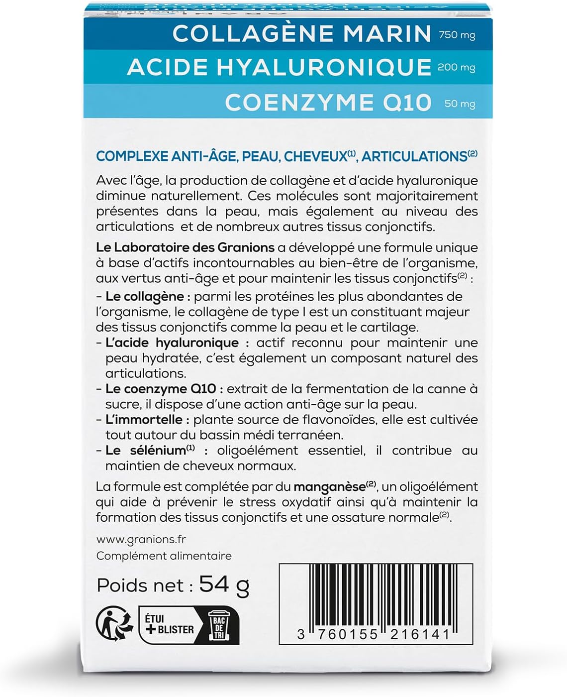 GRANIONS - Collagene Marin - Collagene et Acide Hyaluronique + Coenzyme Q10 - Collagene pour Cheveux, Peau, Articulation, Ongles - Collagene Marin + Selenium + Acide Hyaluronique - 60 Comprimés