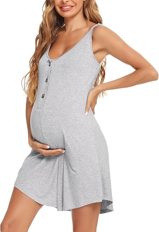 Aseniza Chemise de Nuit Maternité Femme Coton Robe de Nuit Patineuse Maternité d'allaitement Bretelles sans Manches Vêtements Grossesse Allaitement Pyjama