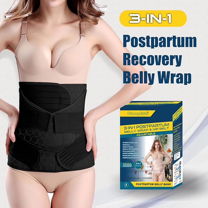 Chongerfei Ceinture ventrale 3 en 1 post-partum, Ceinture ventre/taille/bassin de récupération, noir, taille unique