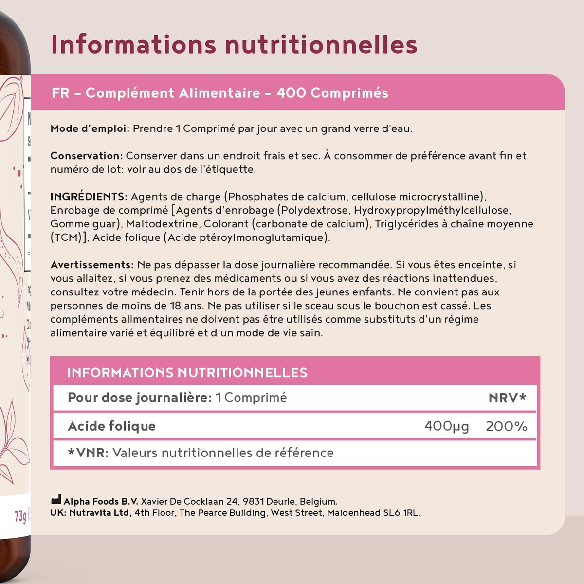 Alpha Foods, Acide folique 400 mcg | 400 comprimés de vitamine B9 végétalienne | Soins de grossesse | Réduit la Fatigue | Complément pour femme enceinte, soutient la croissance des tissus maternels |