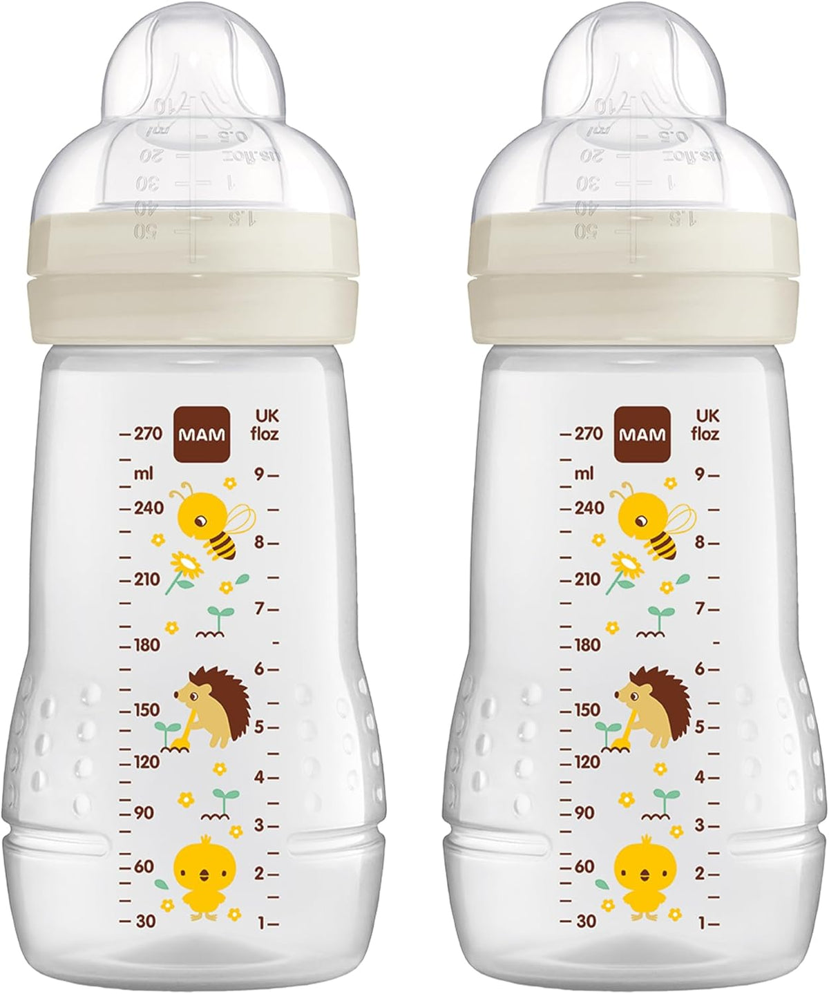 MAM Easy Active, lot de 2 biberons, 270 ml, avec tétine MAM taille 1, en silicone SkinSoft, biberons avec forme ergonomique, pour bébé de 0 mois et plus, abeille/hérisson