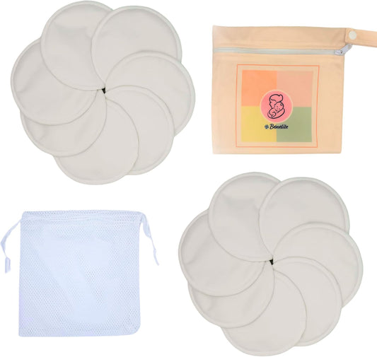 Bénélite, Coussinet allaitement lavable en fibre de bambou – Pack de 14 – Kit maternité avec pochette de transport et washbag – Accessoire pour maman