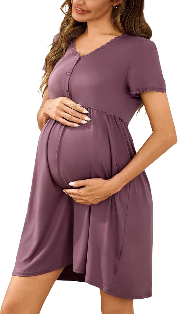 Demegimi Chemise de Nuit de Maternité Allaitement Coton Nuisette à Manches Courtes Boutonnée Robe de Nuit Ouvert en Dentelle