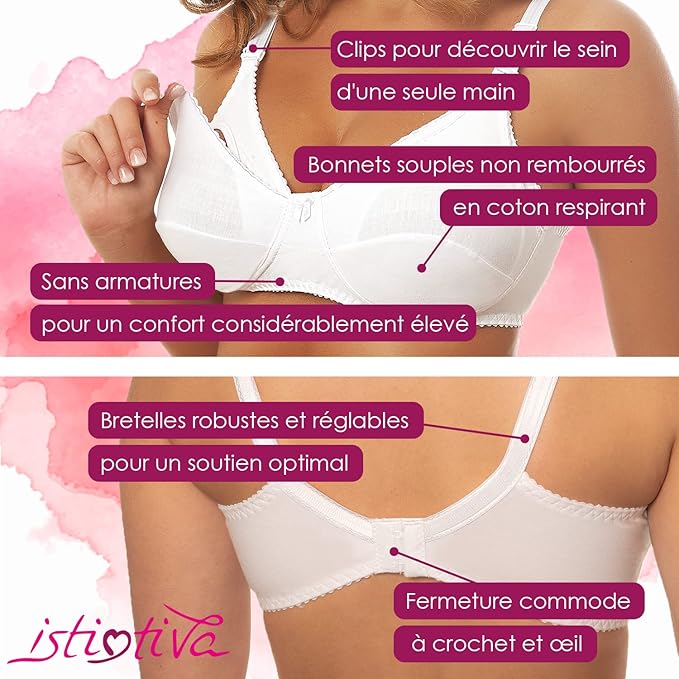Instintiva Mamma - Soutien-Gorge Allaitement Blanc sans Armature en Coton avec Clips pour découvrir Le Sein d’Une Seule Main - Bonnets Souples Non rembourrés